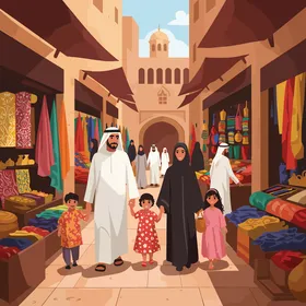 Vector cartoon characters, an Arab family consisting of a father, a mother, and three children wandering in a vibrant traditional Middle Eastern market, surrounded by colorful fabric stalls and historical architecture, vector illustrator.