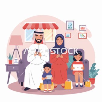 Vector cartoon characters, an Arab family shopping online together at home, vector illustrator.
