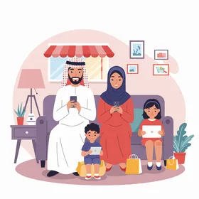 فيكتور شخصيات كرتونية، عائلة عربية تتسوق عبر الإنترنت معًا في المنزل، فيكتور اليستريتور