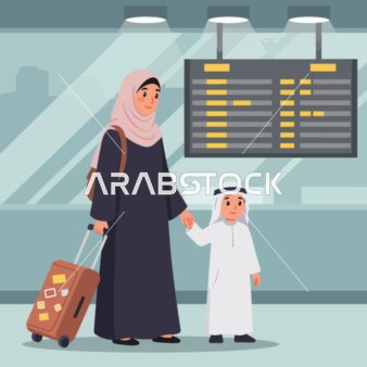 Vector cartoon characters, a mother and her son in traditional attire at the airport, holding hands and pulling luggage near the departure board, vector illustrator.