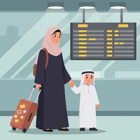 Vector cartoon characters, a mother and her son in traditional attire at the airport, holding hands and pulling luggage near the departure board, vector illustrator.