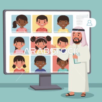 فيكتور شخصيات كرتونية، معلم عربي يقود فصلًا دراسيًا افتراضيًا يضم أطفالًا متنوعين يظهرون على شاشة كبيرة، فيكتور اليستريتور