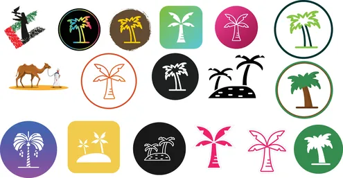 A collection of colorful icons for palm cultivation in the Kingdom of Saudi Arabia, plants and trees, white background.