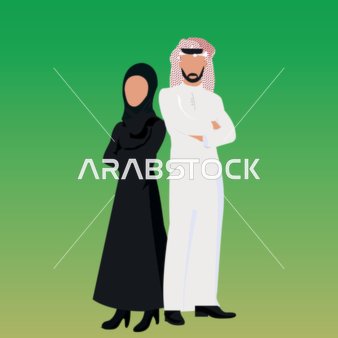 Standing upright with crossed arms, expressions and gestures of self-confidence, an illustration of a Saudi Arabian Gulf man wearing a ghutrah and traditional thobe standing next to his wife, full-body, green background, vector illustration.