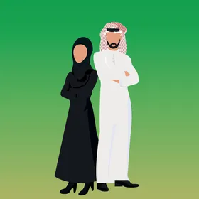 Standing upright with crossed arms, expressions and gestures of self-confidence, an illustration of a Saudi Arabian Gulf man wearing a ghutrah and traditional thobe standing next to his wife, full-body, green background, vector illustration.