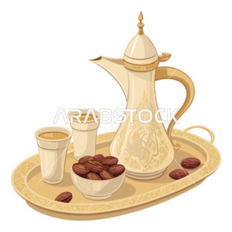 دلة قهوة معدنية باللون الذهبي بجانب طبق التمر، مفهوم الكرم وحسن الاستقبال، الضيافة العربيه السعودية، العادات والتقاليد التراثية، محصول زراعي محلي وطني، خلفية بيضاء، فيكتور اليستريتور