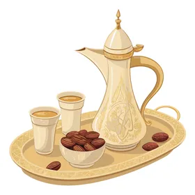 دلة قهوة معدنية باللون الذهبي بجانب طبق التمر، مفهوم الكرم وحسن الاستقبال، الضيافة العربيه السعودية، العادات والتقاليد التراثية، محصول زراعي محلي وطني، خلفية بيضاء، فيكتور اليستريتور