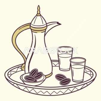 A metal coffee pot in white and black next to a plate of dates, the concept of generosity and hospitality, Saudi Arabian hospitality, traditional customs and traditions, a local national agricultural product, white background, vector illustrator.