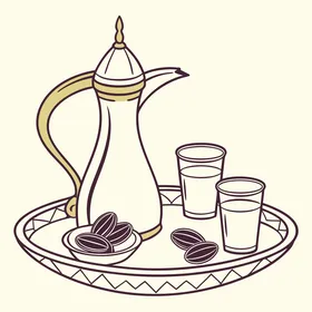 A metal coffee pot in white and black next to a plate of dates, the concept of generosity and hospitality, Saudi Arabian hospitality, traditional customs and traditions, a local national agricultural product, white background, vector illustrator.