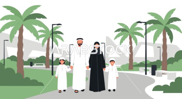 نزهة عائلية وسط العمارة الحديثة والمساحات الخضراء، فيكتور  لعائلة عربية خليجية اماراتية باللباس التقليدي ، عائلة خليجية سعيدة ، زوج وزوجة وطفل وطفلة ، فيكتور اليستريتور .