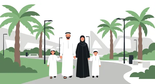 نزهة عائلية وسط العمارة الحديثة والمساحات الخضراء، فيكتور  لعائلة عربية خليجية اماراتية باللباس التقليدي ، عائلة خليجية سعيدة ، زوج وزوجة وطفل وطفلة ، فيكتور اليستريتور .