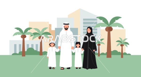 نزهة عائلية وسط العمارة الحديثة والمساحات الخضراء، فيكتور  لعائلة عربية خليجية اماراتية باللباس التقليدي ، عائلة خليجية سعيدة ، زوج وزوجة وطفل وطفلة ، فيكتور اليستريتور .