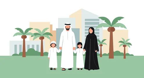 نزهة عائلية وسط العمارة الحديثة والمساحات الخضراء، فيكتور  لعائلة عربية خليجية اماراتية باللباس التقليدي ، عائلة خليجية سعيدة ، زوج وزوجة وطفل وطفلة ، فيكتور اليستريتور .