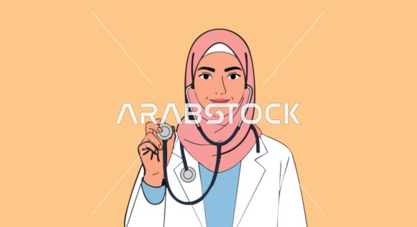 مفهوم الرعاية الصحية، العمل في القطاع الطبي الاماراتي، رسم كرتوني لطبيبة عربية خليجية اماراتية مبتسمة ترتدي الحجاب والمعطف الطبي تضع سماعة الطبيب على رقبتها،  خلفية برتقالي، فيكتور اليستريتور