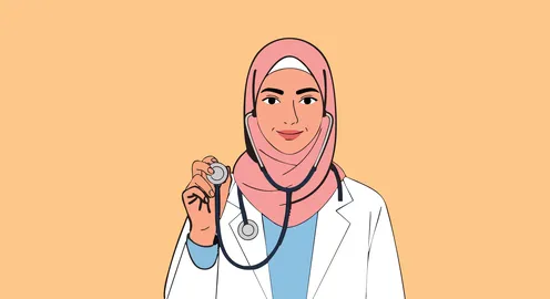 The concept of healthcare, working in the UAE medical sector, a cartoon drawing of a smiling Arab Gulf Emirati female doctor wearing a hijab and a medical coat, with a stethoscope around her neck, orange background, vector illustration.