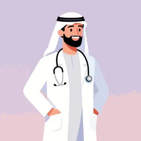 العمل في القطاع الطبي، الرعاية الصحية الاماراتية، طبيب عربي اماراتي خليجي يرتدي الغترة و المعطف الطبي و السماعة الطبية، خلفية بنفسجية, فيكتور اليستريتور.