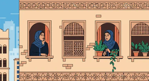 تبادل الأسرار في بيئة تقليدية، فيكتور لامرأتان عربيتان خليجيتان اماراتيتان يرتدون الحجاب والعباءة تنظران من نوافذ مزخرفة،  خلفية منزل بتصميم تراثي، فيكتور اليستريتور