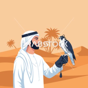 The concept of elegance and attention to appearance, the ancient art of falconry, a vector of an Arab Gulf Emirati man wearing traditional attire standing with a falcon on his hand, with a background of sand dunes and desert, vector illustration.