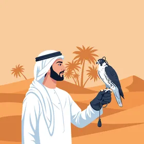 The concept of elegance and attention to appearance, the ancient art of falconry, a vector of an Arab Gulf Emirati man wearing traditional attire standing with a falcon on his hand, with a background of sand dunes and desert, vector illustration.