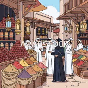 The rich cultural experience, the ancient art of falconry, a vector of a place filled with colorful spices, traditional lanterns, and people wearing traditional clothing, a spice market background, vector illustrator.