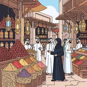The rich cultural experience, the ancient art of falconry, a vector of a place filled with colorful spices, traditional lanterns, and people wearing traditional clothing, a spice market background, vector illustrator.