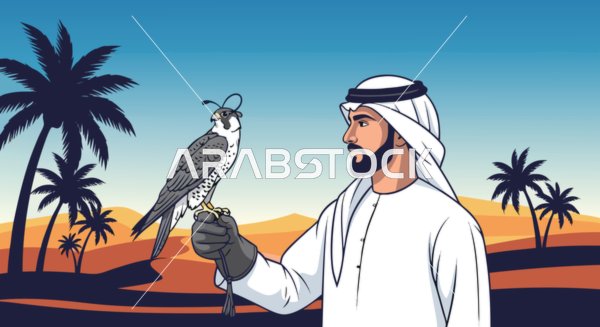 فن الصقارة القديم، فيكتور  لرجل عربي خليجي اماراتي يرتدي الزي التقليدي يقف على يده صقر ، مفهوم الأناقة والاهتمام بالمظهر الخارجي، خلفية كثبان رملية وأشجار نخيل، فيكتور اليستريتور .