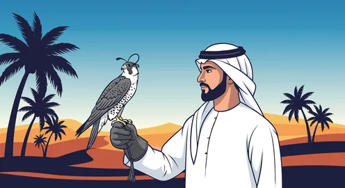 فن الصقارة القديم، فيكتور  لرجل عربي خليجي اماراتي يرتدي الزي التقليدي يقف على يده صقر ، مفهوم الأناقة والاهتمام بالمظهر الخارجي، خلفية كثبان رملية وأشجار نخيل، فيكتور اليستريتور .