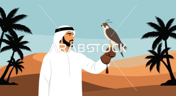 The ancient art of falconry, a vector of an Arab Gulf Emirati man wearing traditional attire standing with a falcon on his hand, a concept of elegance and attention to appearance, with a background of sand dunes and palm trees, vector illustration.