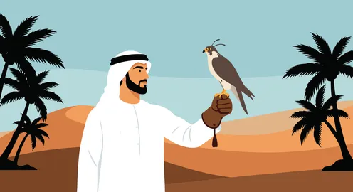 فن الصقارة القديم، فيكتور  لرجل عربي خليجي اماراتي يرتدي الزي التقليدي يقف على يده صقر ، مفهوم الأناقة والاهتمام بالمظهر الخارجي، خلفية كثبان رملية وأشجار نخيل، فيكتور اليستريتور .