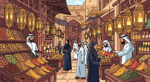 التجربة الثقافية الغنية، فن الصقارة القديم، فيكتور لمكان مليء بالتوابل الملونة والفوانيس التقليدية والأشخاص الذين يرتدون ملابس تقليدية،  خلفية سوق توابل، فيكتور اليستريتور .