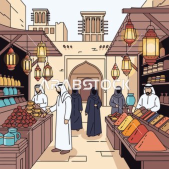 التجربة الثقافية الغنية، فن الصقارة القديم، فيكتور لمكان مليء بالتوابل الملونة والفوانيس التقليدية والأشخاص الذين يرتدون ملابس تقليدية،  خلفية سوق توابل، فيكتور اليستريتور .