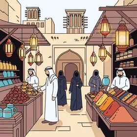 التجربة الثقافية الغنية، فن الصقارة القديم، فيكتور لمكان مليء بالتوابل الملونة والفوانيس التقليدية والأشخاص الذين يرتدون ملابس تقليدية،  خلفية سوق توابل، فيكتور اليستريتور .