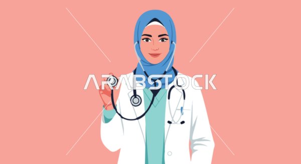 مفهوم الرعاية الصحية، العمل في القطاع الطبي الاماراتي، رسم كرتوني لطبيبة عربية خليجية اماراتية مبتسمة ترتدي الحجاب والمعطف الطبي تضع سماعة الطبيب على رقبتها،  خلفية وردية، فيكتور اليستريتور