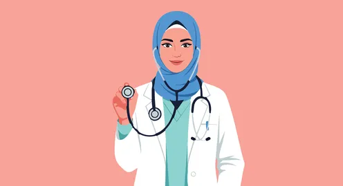 مفهوم الرعاية الصحية، العمل في القطاع الطبي الاماراتي، رسم كرتوني لطبيبة عربية خليجية اماراتية مبتسمة ترتدي الحجاب والمعطف الطبي تضع سماعة الطبيب على رقبتها،  خلفية وردية، فيكتور اليستريتور