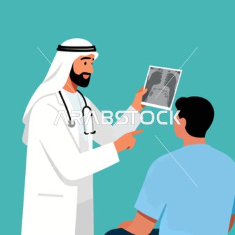 العمل في القطاع الطبي، الرعاية الصحية الاماراتية، طبيب عربي اماراتي خليجي يرتدي الغترة و المعطف الطبي و السماعة الطبية ييشرح صورة أشعة لمريض، خلفية زرقاء, فيكتور اليستريتور.