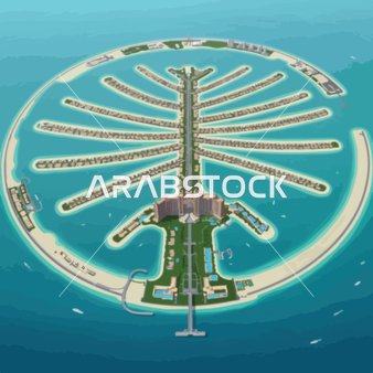 An illustrative aerial view of Palm Jumeirah, a drawing of an artificial archipelago in Dubai shaped like a palm tree, with a blue marine background, vector illustration.