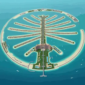 منظر جوي توضيحي لنخلة جميرا، رسم لأرخبيل اصطناعي في دبي شكلها يشبه شجرة النخيل،  خلفية بحرية زرقاء، فيكتور اليستريتور.