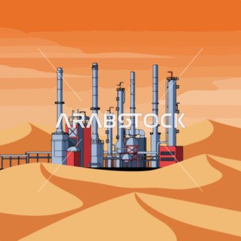 The concept of petroleum engineering in the Gulf countries, a desert landscape under an orange sky, a drawing of an oil refinery, petrochemical industries and projects, desert background, vector illustration.