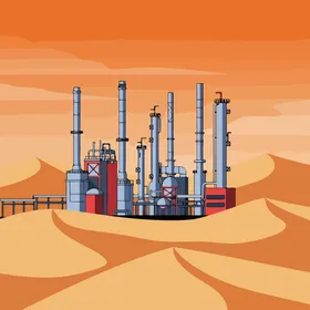 The concept of petroleum engineering in the Gulf countries, a desert landscape under an orange sky, a drawing of an oil refinery, petrochemical industries and projects, desert background, vector illustration.