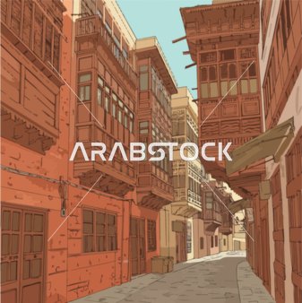المباني والقصور الاثرية، معالم اثرية تاريخية قديمة،  رسم لشارع ضيق في مدينة قديمة على جانبيه مبانٍ تقليدية تتميز بشرفات ونوافذ خشبية مزخرفة، فيكتور اليستريتور.