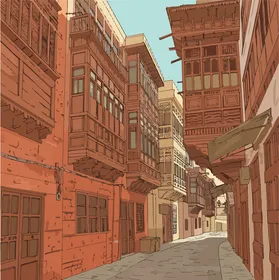 المباني والقصور الاثرية، معالم اثرية تاريخية قديمة،  رسم لشارع ضيق في مدينة قديمة على جانبيه مبانٍ تقليدية تتميز بشرفات ونوافذ خشبية مزخرفة، فيكتور اليستريتور.