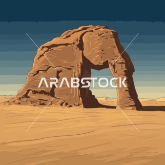 مفهوم التآكل الجيولوجي، التكوينات والتشكيلات الصخرية، رسم لتشكيل صخري طبيعي يشبه الفيل، حياة الصحراء في المملكة العربية السعودية، خلفية صحراوية، فيكتور اليستريتور.