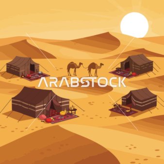 Tourist camps in the deserts of the Kingdom, an illustration of a traditional tent on the golden sands in the desert, areas for youth adventure and enjoyable safari trips, quiet popular gatherings, vector illustrator.