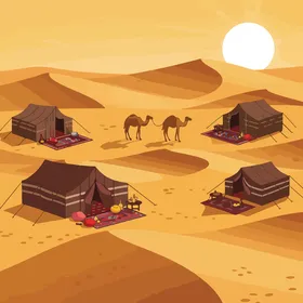 مخيمات سياحية في صحاري المملكة, رسم توضيحي لخيمة تقليدية على الرمال الذهبية في الصحراء مناطق المغامرات الشبابية ورحلات السفاري الممتعة، الجلسات الشعبية الهادئة، فيكتور اليستريتور