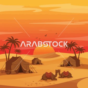 مخيمات سياحية في صحاري المملكة, رسم توضيحي لخيمة تقليدية على الرمال الذهبية في الصحراء مناطق المغامرات الشبابية ورحلات السفاري الممتعة، الجلسات الشعبية الهادئة، فيكتور اليستريتور