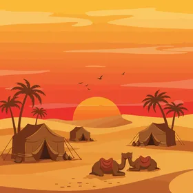 مخيمات سياحية في صحاري المملكة, رسم توضيحي لخيمة تقليدية على الرمال الذهبية في الصحراء مناطق المغامرات الشبابية ورحلات السفاري الممتعة، الجلسات الشعبية الهادئة، فيكتور اليستريتور