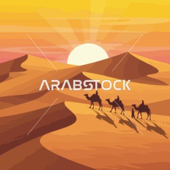 حياة الثدييات في الصحراء، رسم لقافلة من الجمال في منظر صحراوي ، وقت غروب الشمس، يصور المعرفة والتعلم  ، خلفية صحراوية، فيكتور اليستريتور