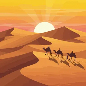 حياة الثدييات في الصحراء، رسم لقافلة من الجمال في منظر صحراوي ، وقت غروب الشمس، يصور المعرفة والتعلم  ، خلفية صحراوية، فيكتور اليستريتور