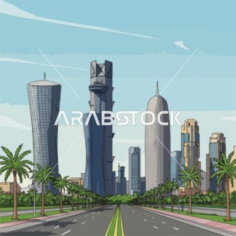 التطورالعمراني والحديث في قطر، رسم توضيحي لأفق مدينة الدوحة الحديثة في قطر مع ناطحات السحاب الشهيرة، أشجار النخيل وطريق واسع، يصور المعرفة والتعلم  ،  فيكتور اليستريتور.