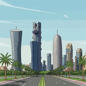 التطورالعمراني والحديث في قطر، رسم توضيحي لأفق مدينة الدوحة الحديثة في قطر مع ناطحات السحاب الشهيرة، أشجار النخيل وطريق واسع، يصور المعرفة والتعلم  ،  فيكتور اليستريتور.